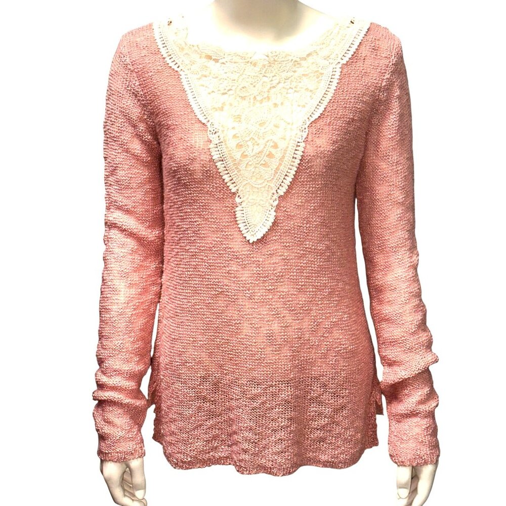 CCC Elegant Modern Vintage Pink Long Sleeve Knit Sweater Lace Detail V Neckline